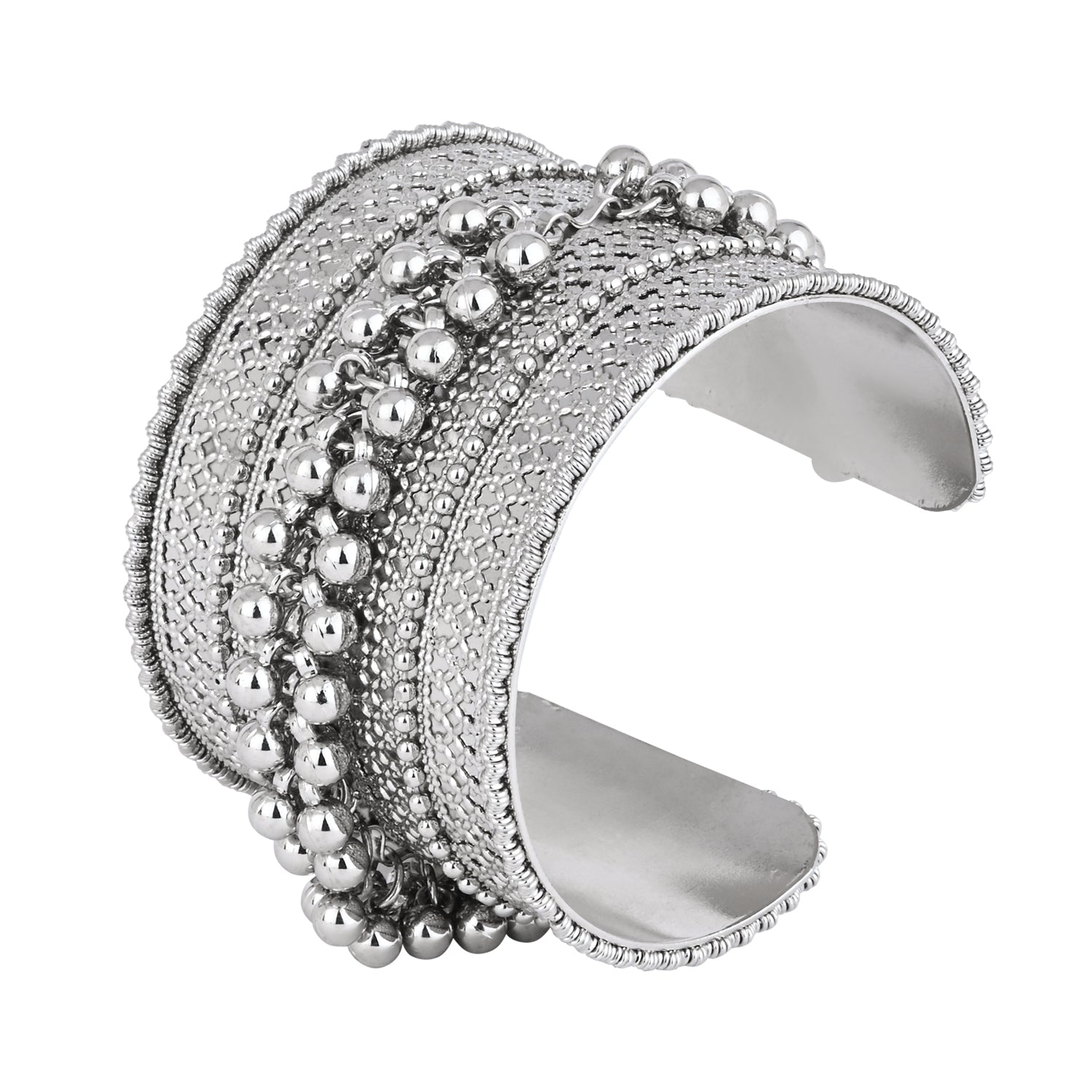Etnico Navratri Ethnic Silver Oxidised Adjustable Afghani Ghungroo Cuff Kada Bracelet For Women (Style 3)