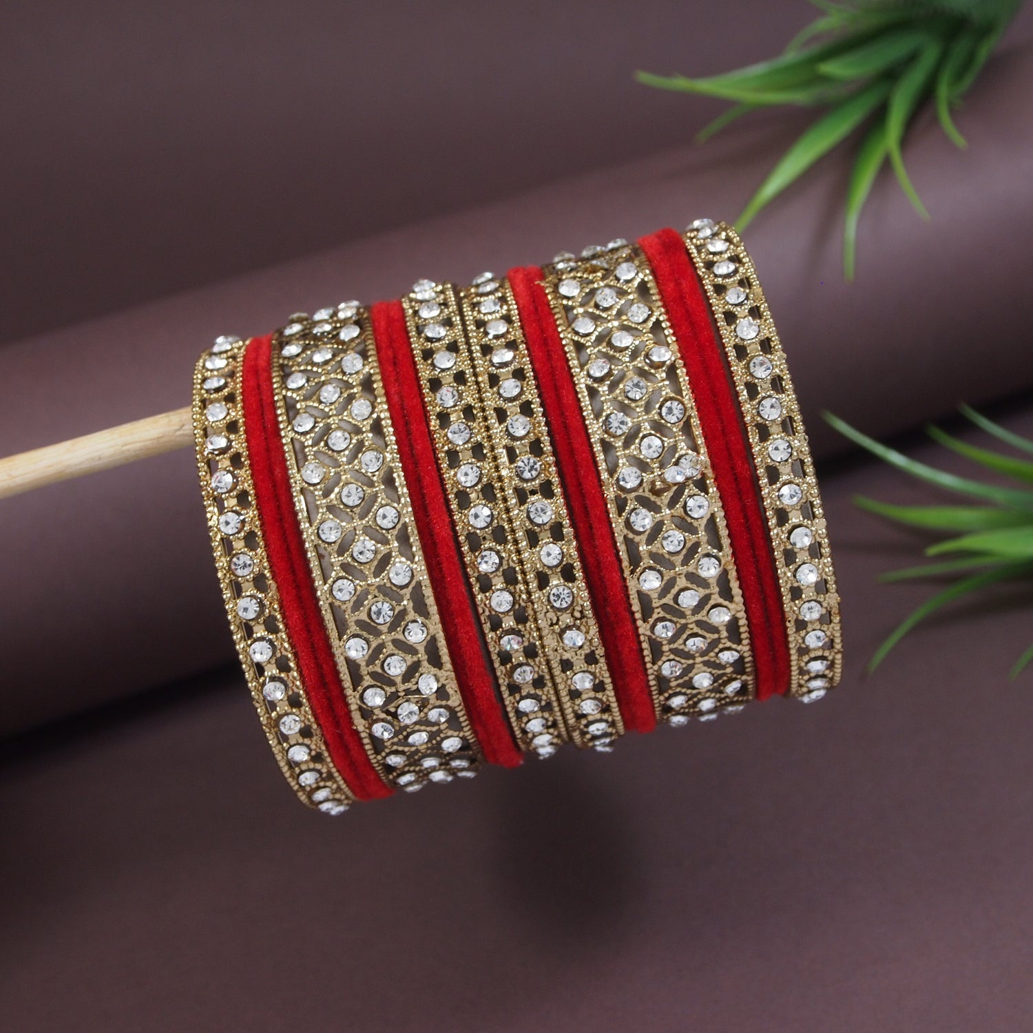 Etnico Gold Plated Traditional Royal Emerald Velvet Chuda Bangle Set Kada for Bridal/Women