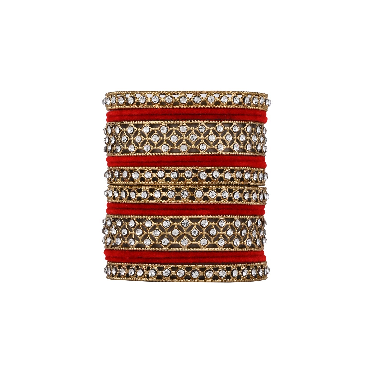 Etnico Gold Plated Traditional Royal Emerald Velvet Chuda Bangle Set Kada for Bridal/Women (Red, 2.6)