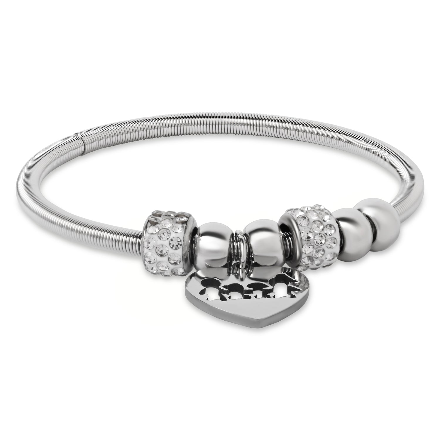 Etnico Adjustable Heart Charm Design Bracelet with Family Motif in Silver Tone for Women