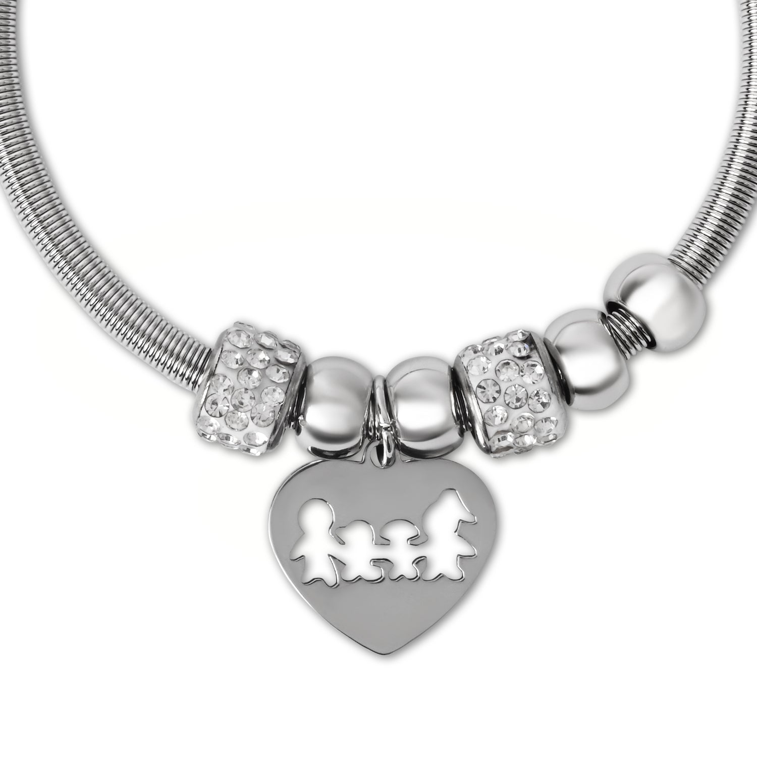 Etnico Adjustable Heart Charm Design Bracelet with Family Motif in Silver Tone for Women