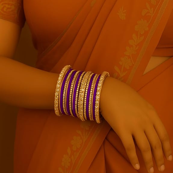 Etnico Gold Plated Traditional Handcrafted Velvet & Stone Work Bangle Chuda Set for Women/Bridal