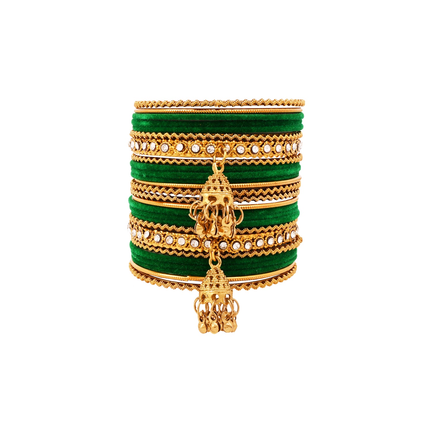 Etnico Gold Plated Traditional Handcrafted Latkan Detailing Velvet Chuda Bangle Set for Bridal/Women