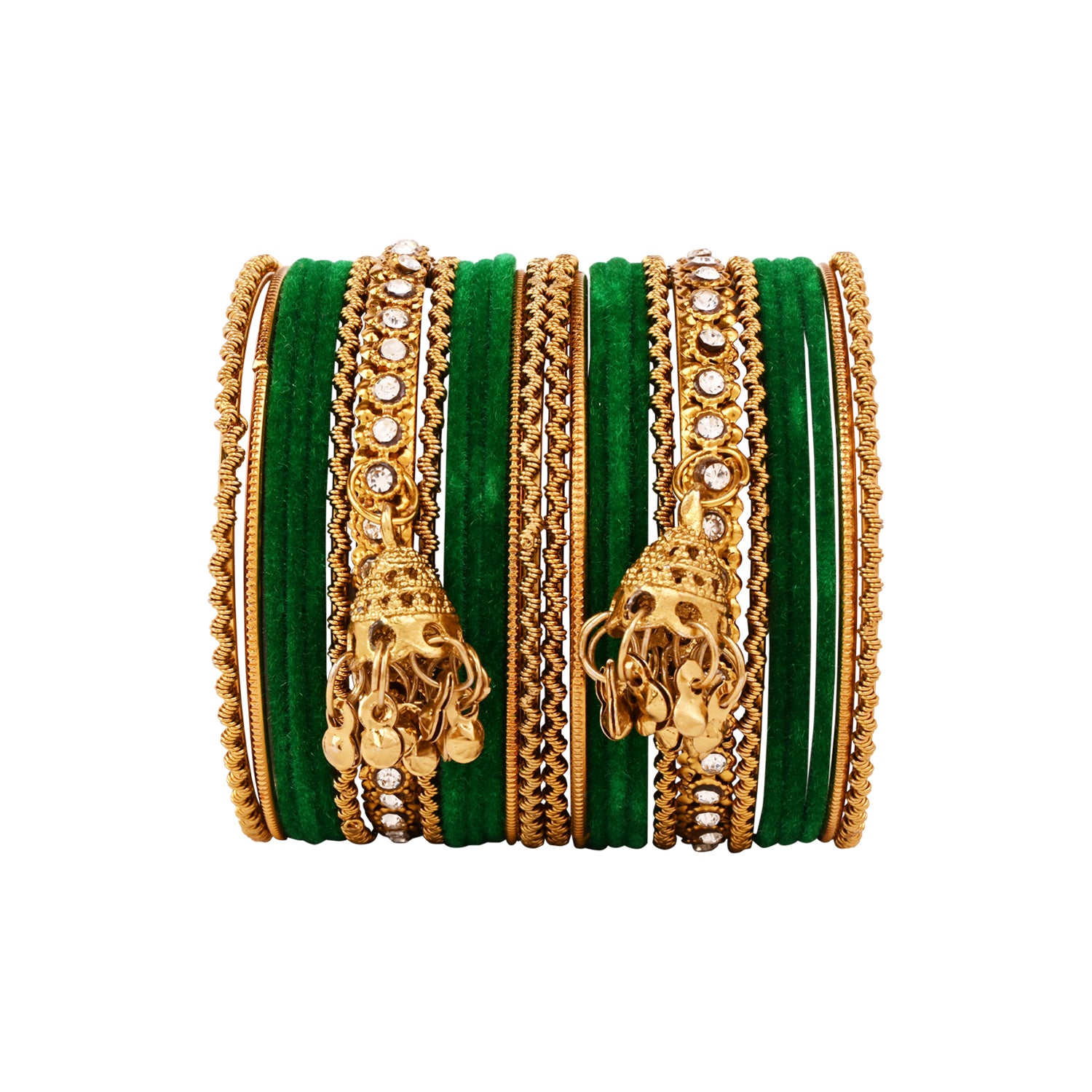 Etnico Gold Plated Traditional Handcrafted Latkan Detailing Velvet Chuda Bangle Set for Bridal/Women