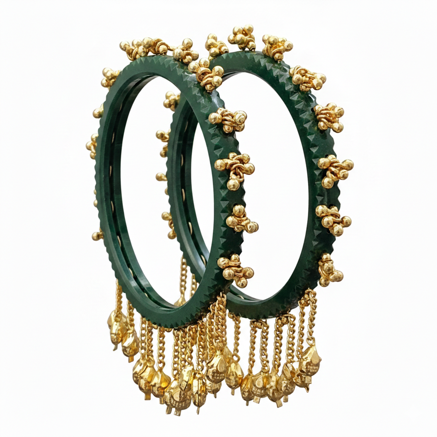 Etnico Traditional Green Bangles with Brass Stud Detailing and Hanging Ghungroo Charms for Women (ADB595G)