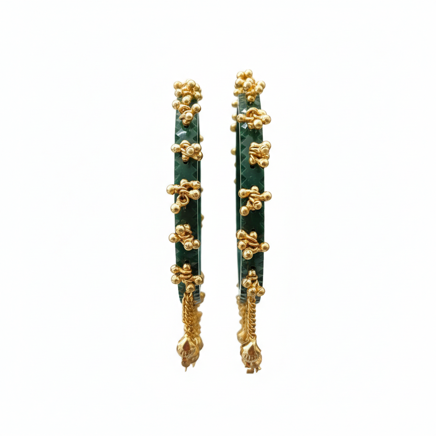 Etnico Traditional Green Bangles with Brass Stud Detailing and Hanging Ghungroo Charms for Women (ADB595G)