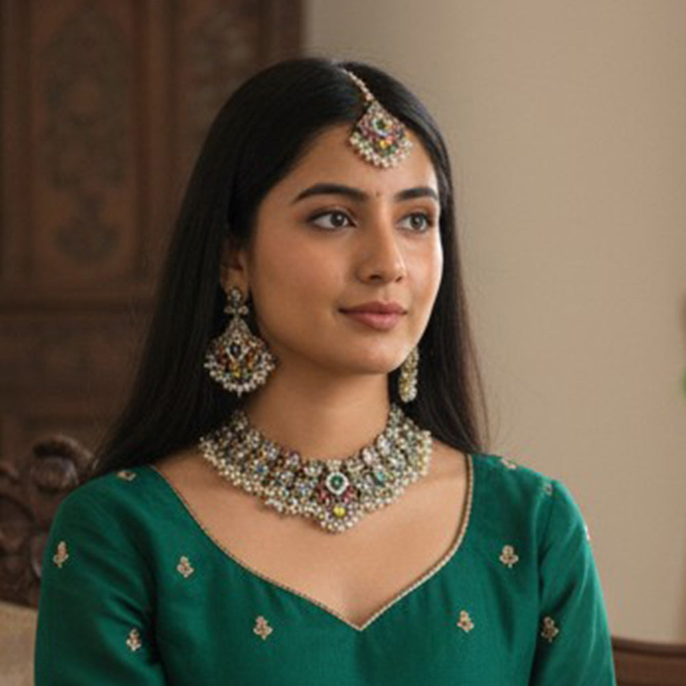 Gehana Mahal Crystal Stone Pearl And Beads Necklace Set