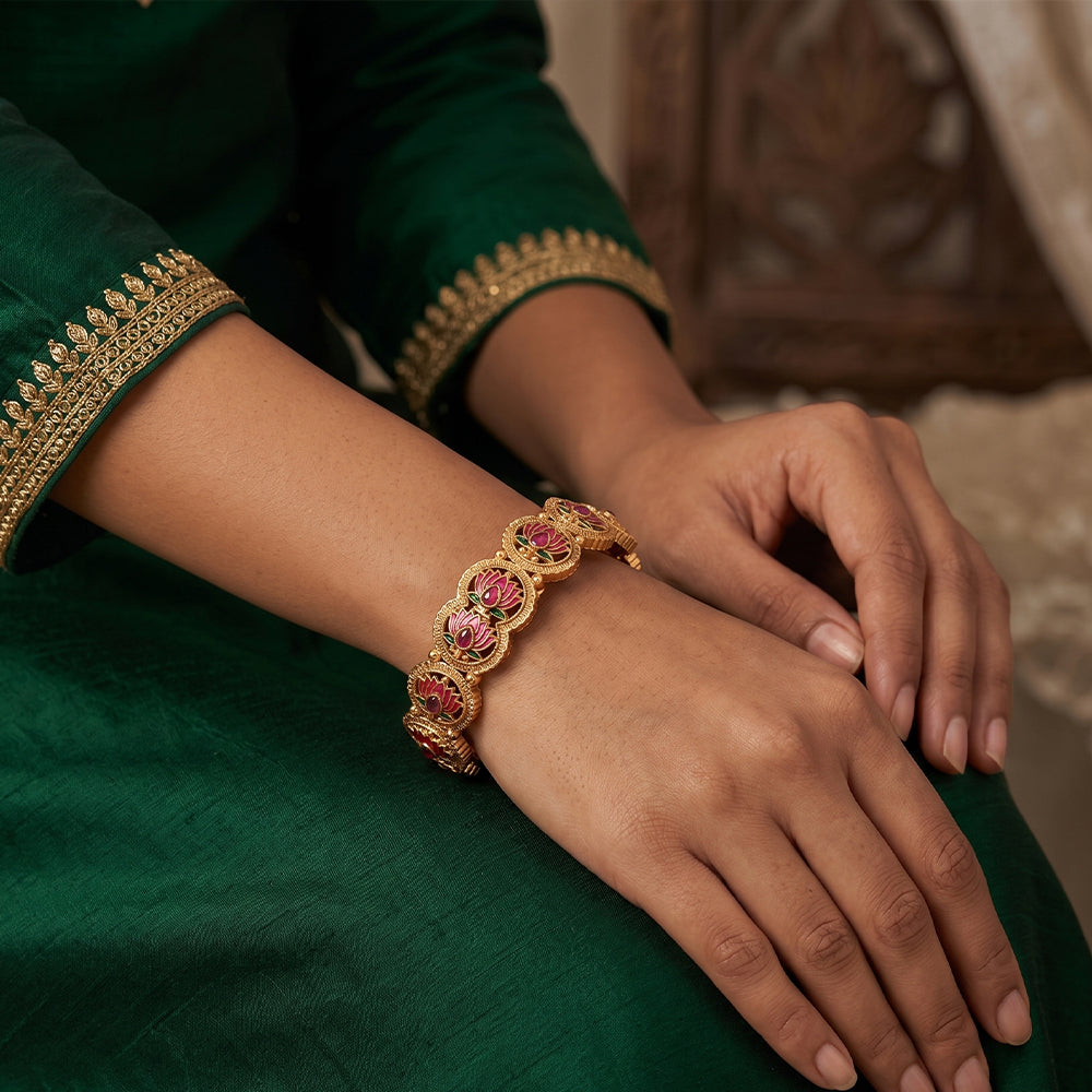 Js Fashion Antique Gold Lotus Design Bangles Set for Women