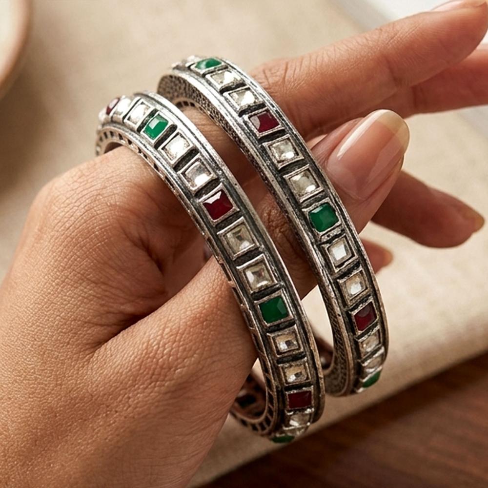 Js Fashion Oxidized Silver Multicolor Stone Bangle Set for Women