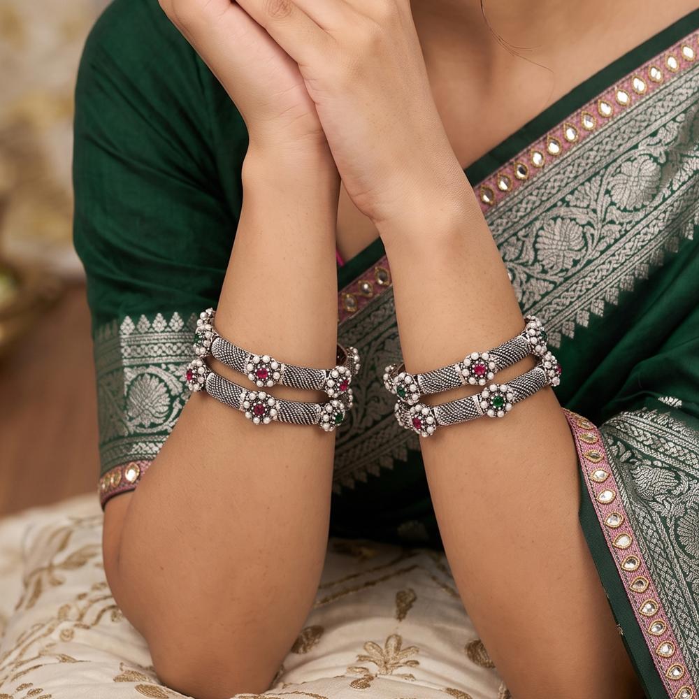 Js Fashion Oxidized Pearl Designer Set of 4 Bangle for Women