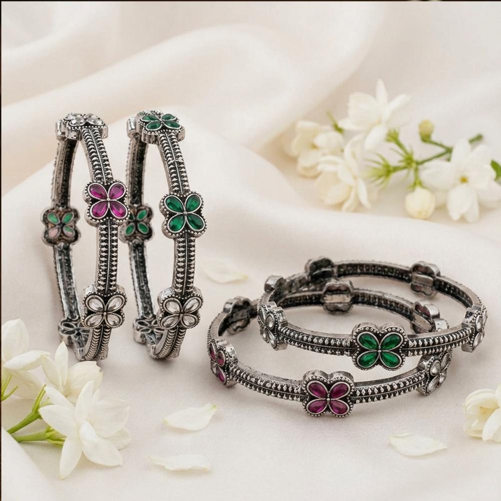 Js Fashion Traditional Oxidized Party Wear Floral Set of 4 Bangles for Women