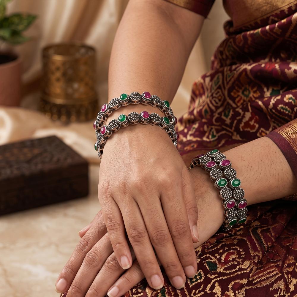 Js Fashion Oxidized Silver Traditional Designer Set of 4 Bangles for Women