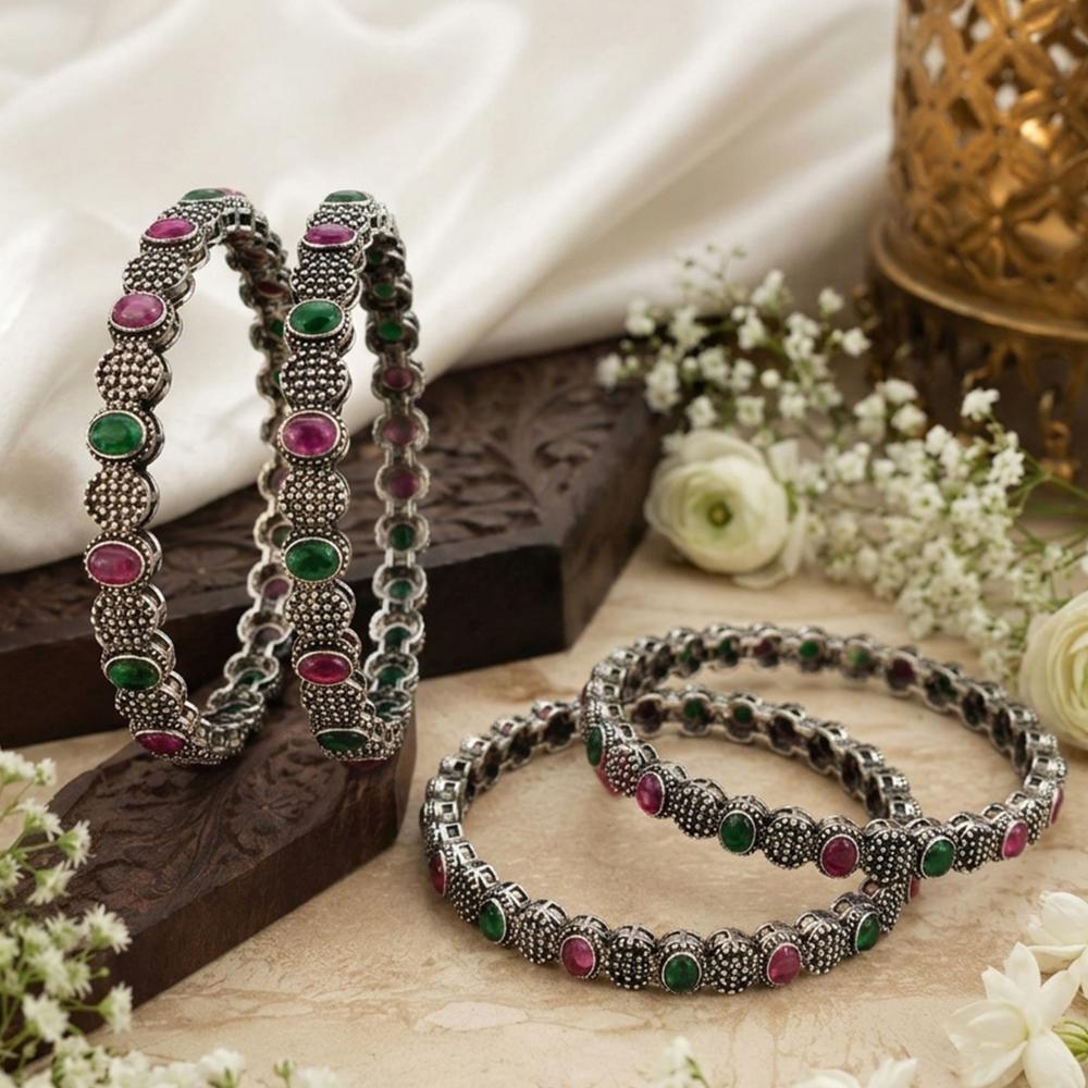Js Fashion Oxidized Silver Traditional Designer Set of 4 Bangles for Women
