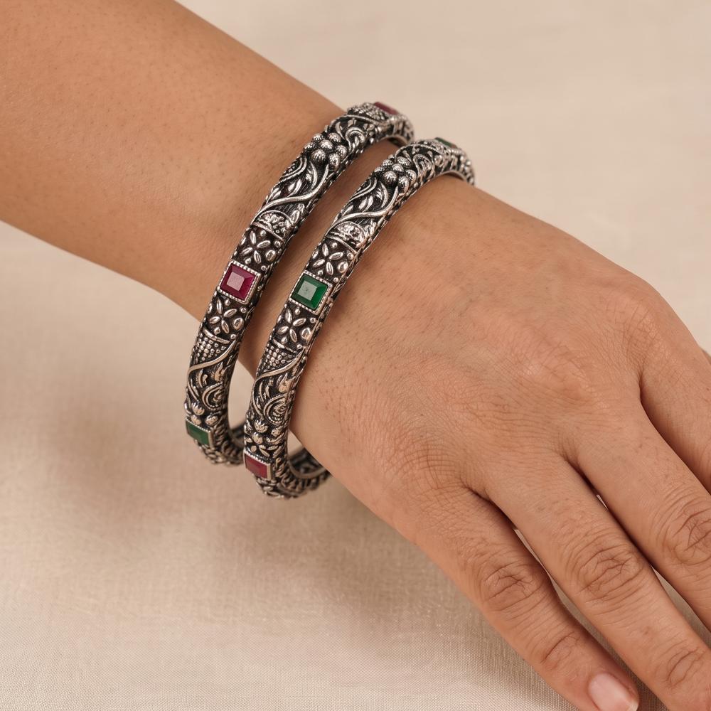 Js Fashion Antique Oxidized Silver Fancy with Stone Work Set of 4 Bangles for Women