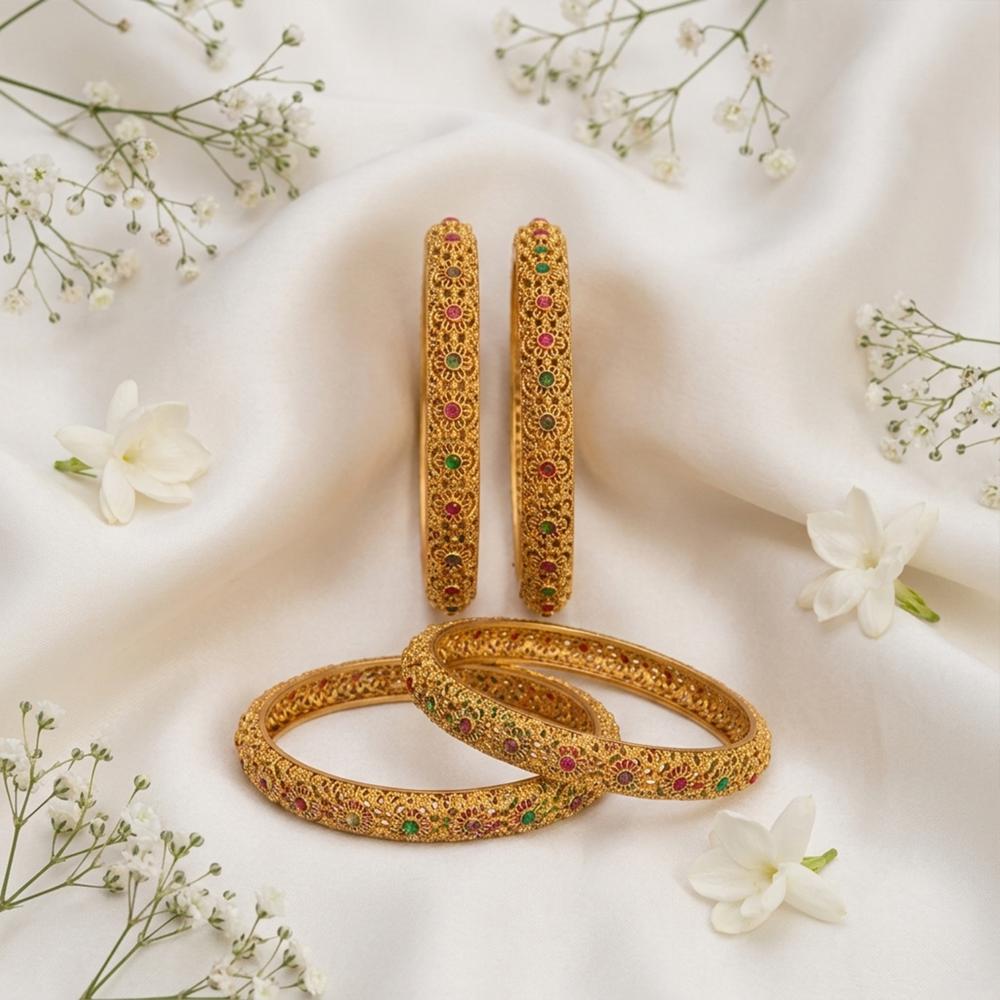 Js Fashion Traditional High Gold Floral Antique Set of 4 Bangles for Women