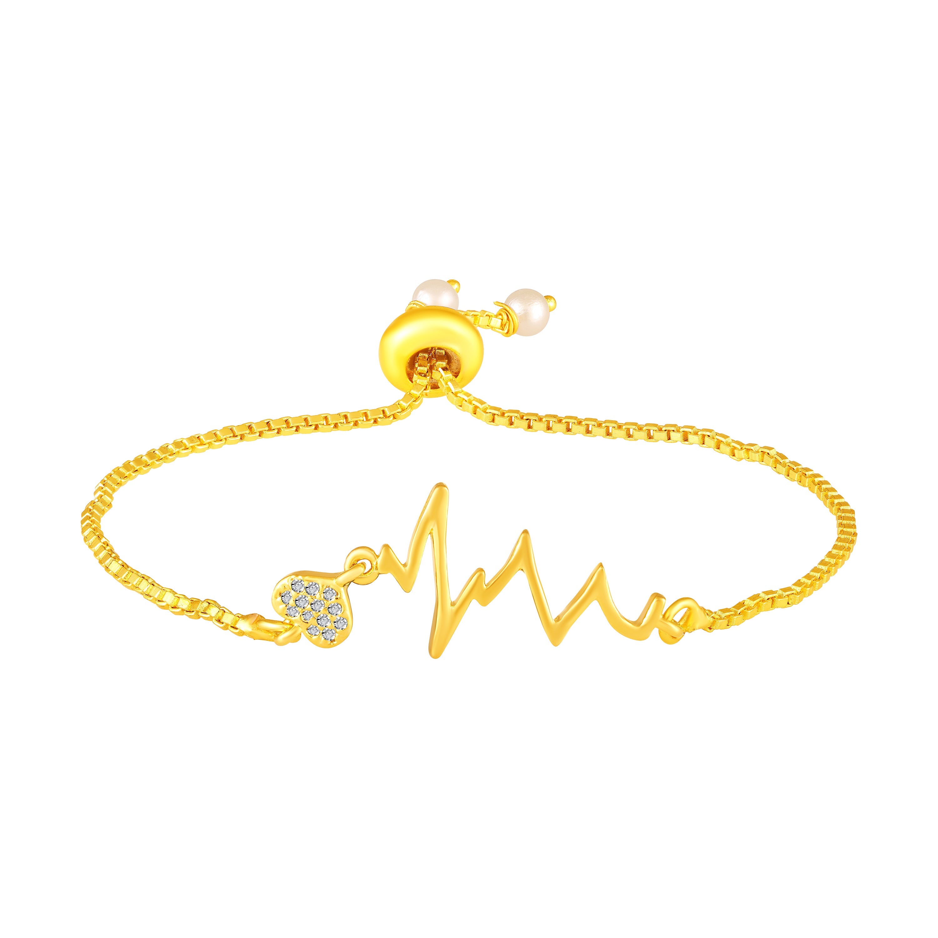 Mahi Pulse of Love Heartbeat Bracelet | Gold Plated Crystal Studded Heart for Women | Adjustable Slider (BR1101092GWhi)