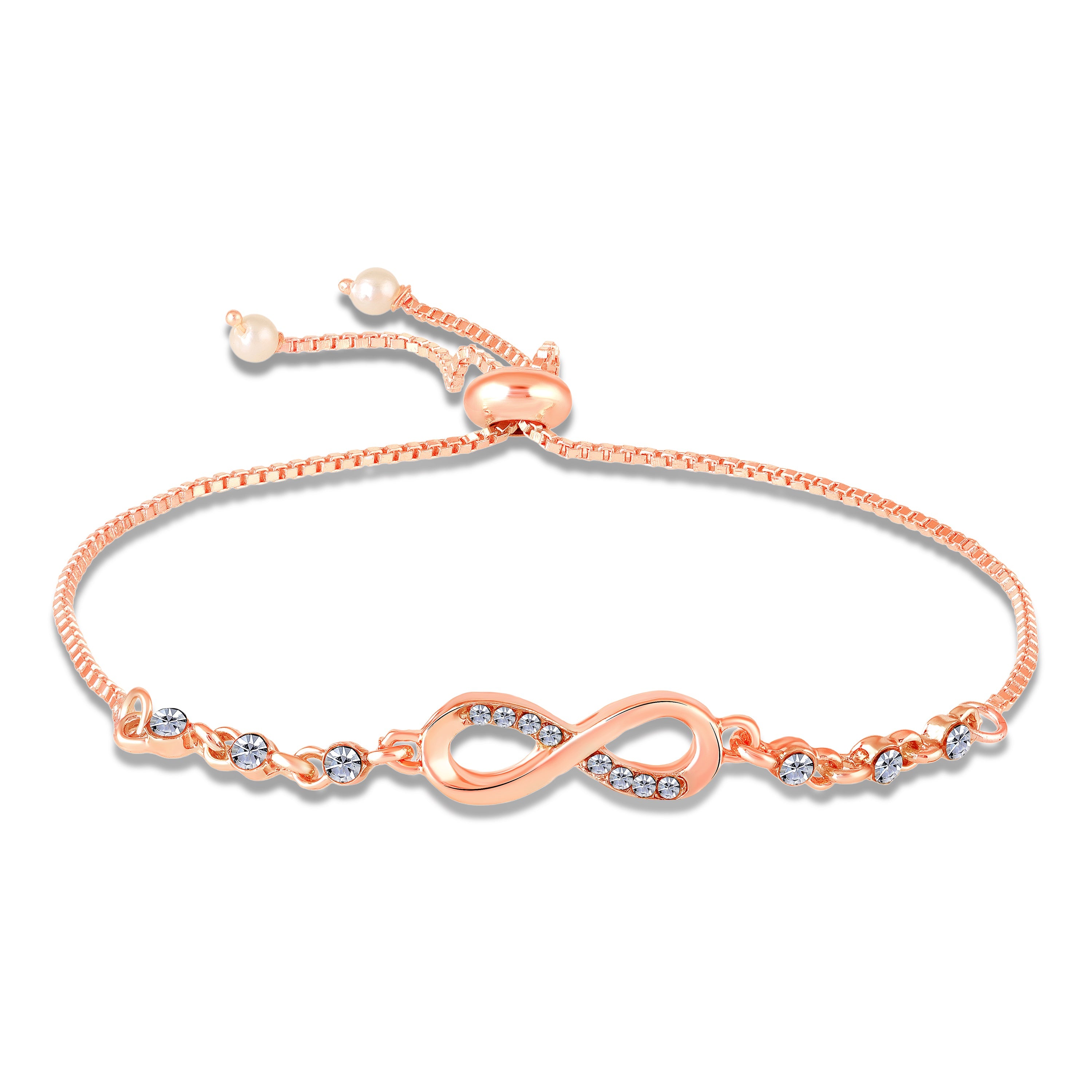 Mahi Adjustable Infinity Bracelet with Elegant White Crystal and Rose Gold Plating Bracelet for Women (BR1101101ZWhi)