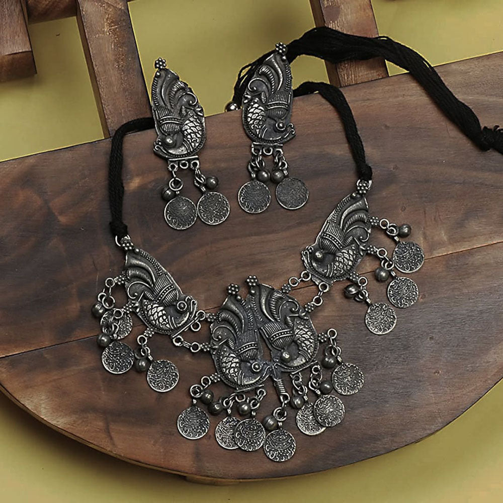 Bevy Pearls Oxidised Gracious Peacock Choker Necklace Set For Women & Grils Antique Balck Matte Choker Set