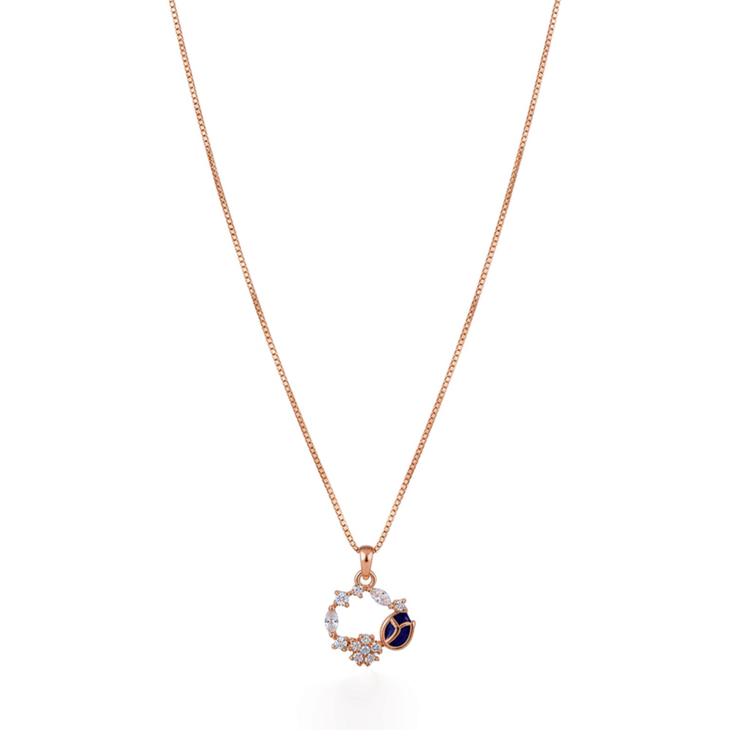 Etnico Latest Stylish Rose Gold Plated CZ American Diamond Pendant Brass Necklace Set with Earrings for Women