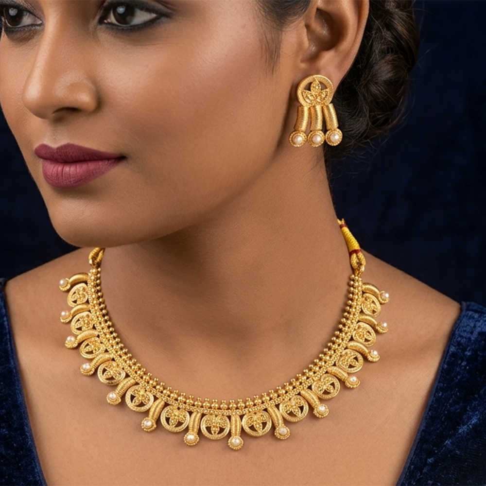Chiccharm Jewellery Pearl Brass And Copper Rajwadi Necklace Set