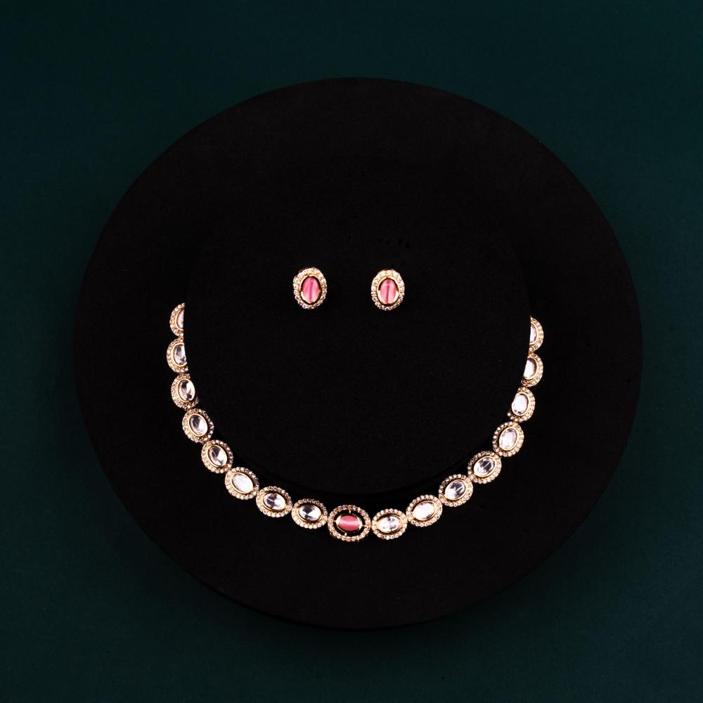 ChicCharm Jewellery Brass And Copper Gold Plated Polki Kundan Necklace Set