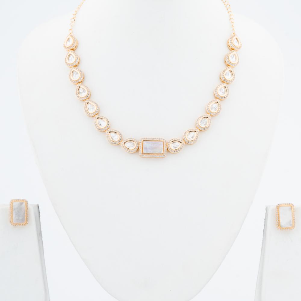 ChicCharm Jewellery Brass And Copper Gold Plated Polki Kundan Necklace Set