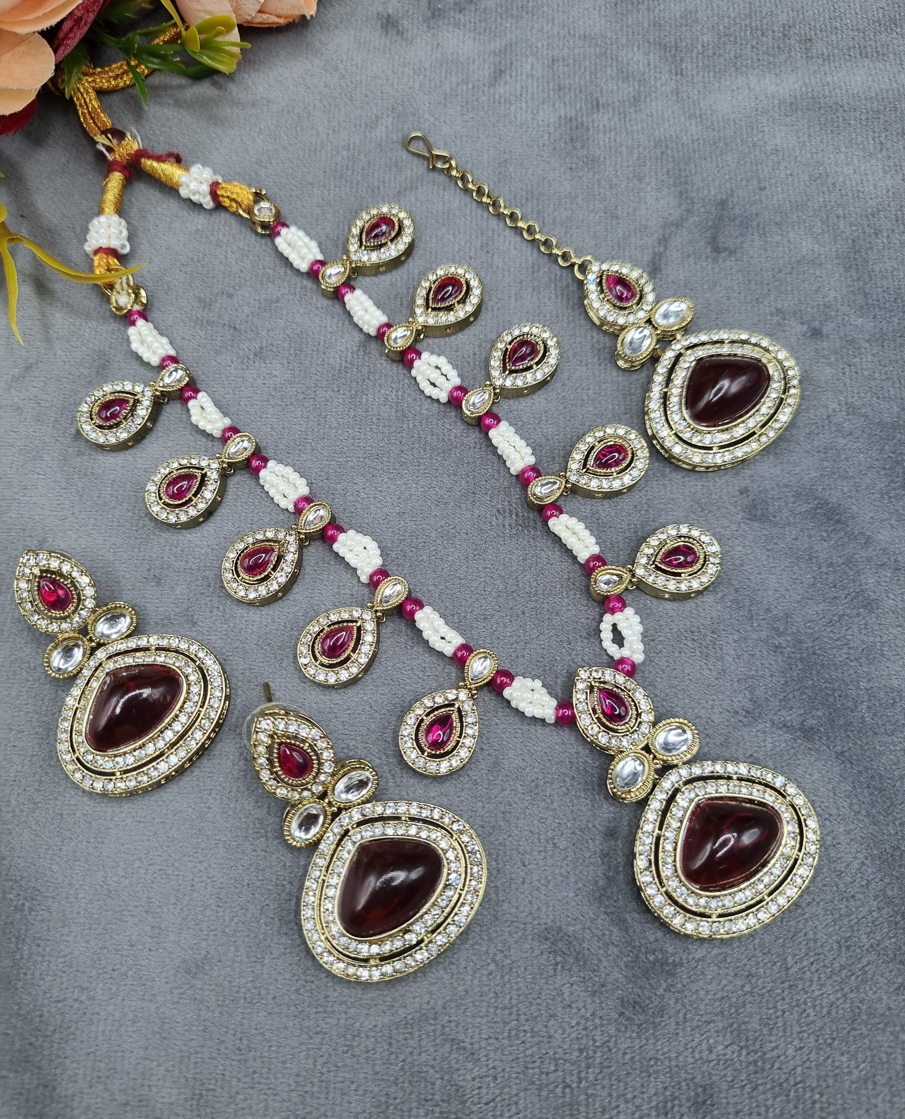 LAFZ Elegant Teardrop Stone & Pearl Beaded Jewelry Set with Earrings & Maang Tikka - CK1692