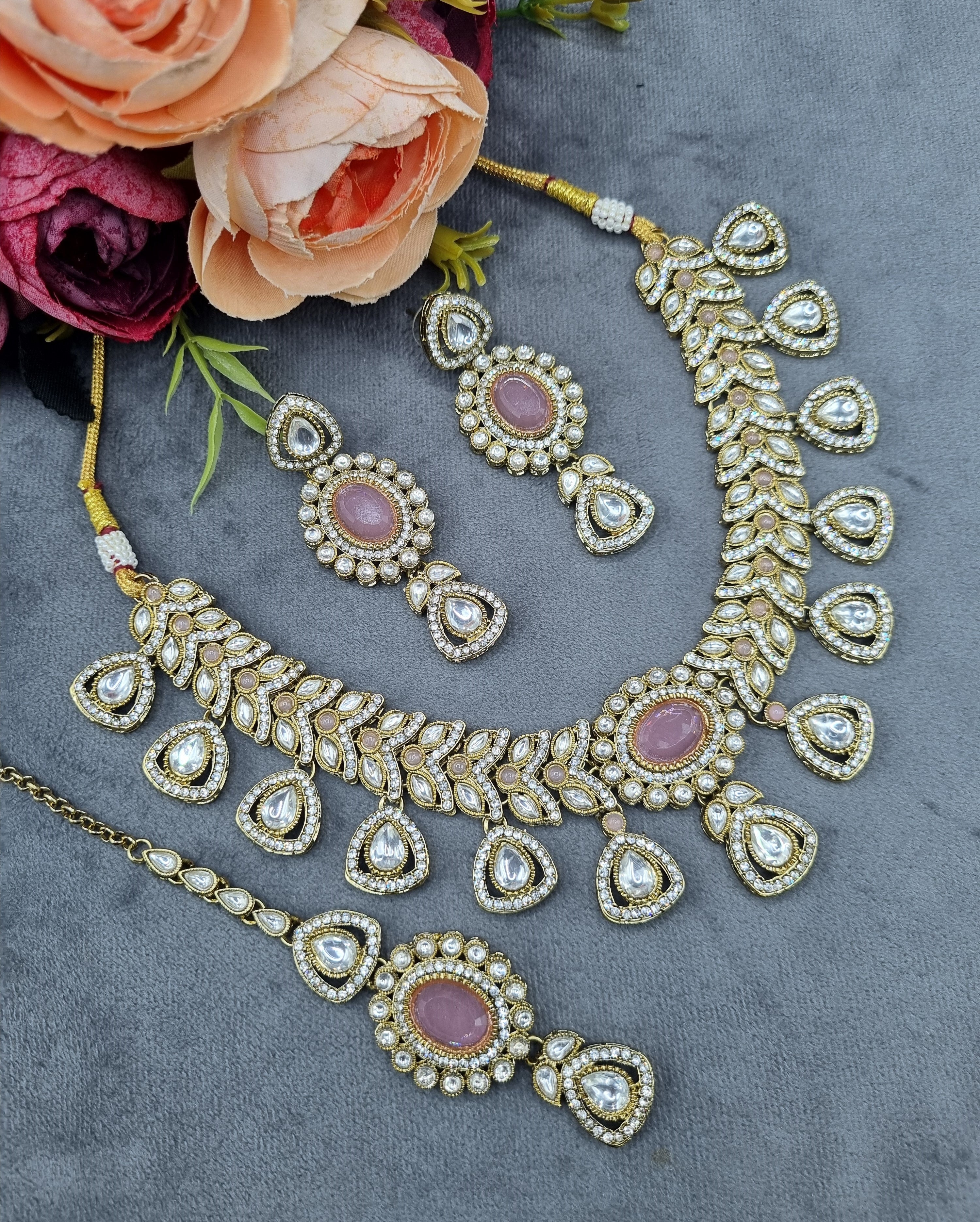 LAFZ Antique Gold & Oval Accent Choker Necklace Set with Earrings & Maangtikka - CK1697RAMA