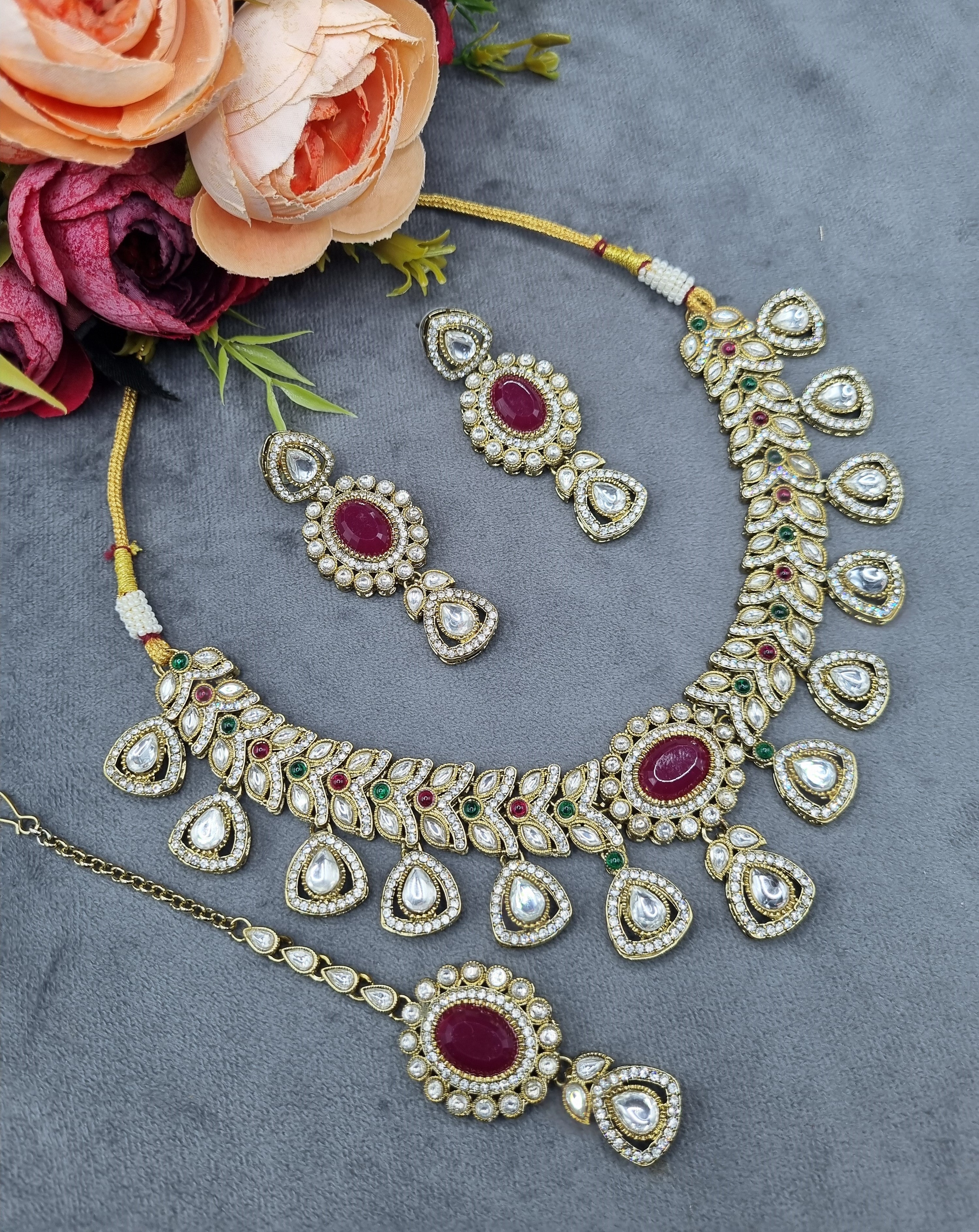 LAFZ Antique Gold & Oval Accent Choker Necklace Set with Earrings & Maangtikka - CK1697RAMA