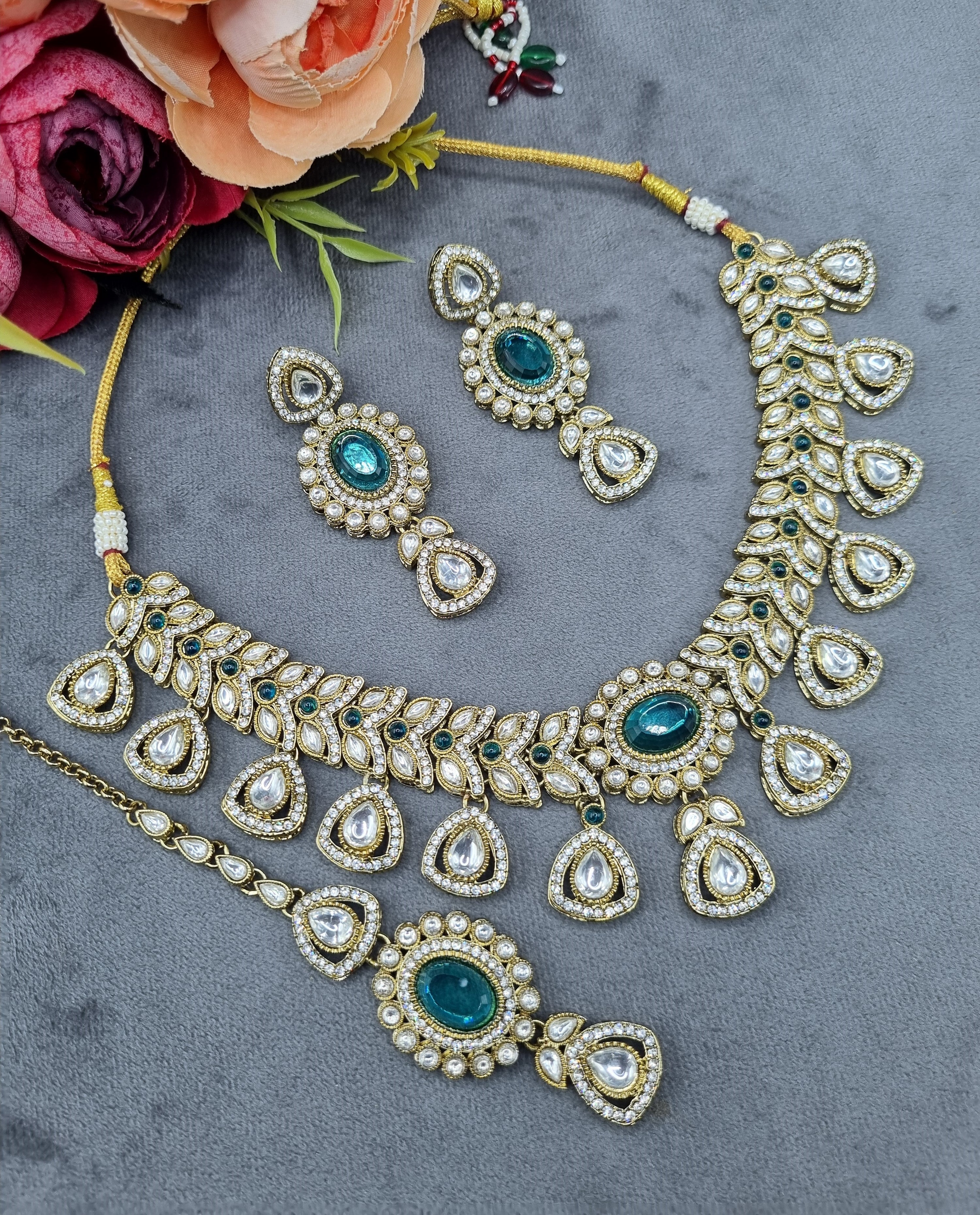 LAFZ Antique Gold & Oval Accent Choker Necklace Set with Earrings & Maangtikka - CK1697RAMA