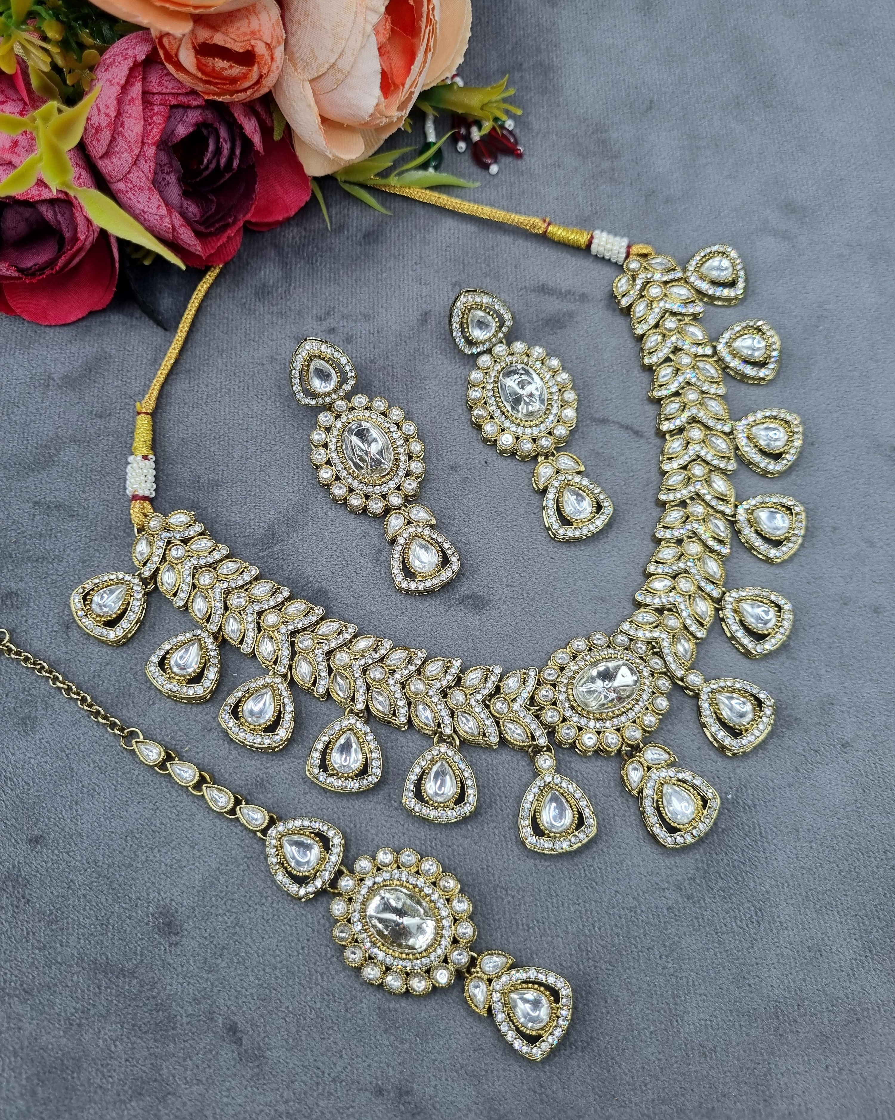 LAFZ Antique Gold & Oval Accent Choker Necklace Set with Earrings & Maangtikka - CK1697RAMA