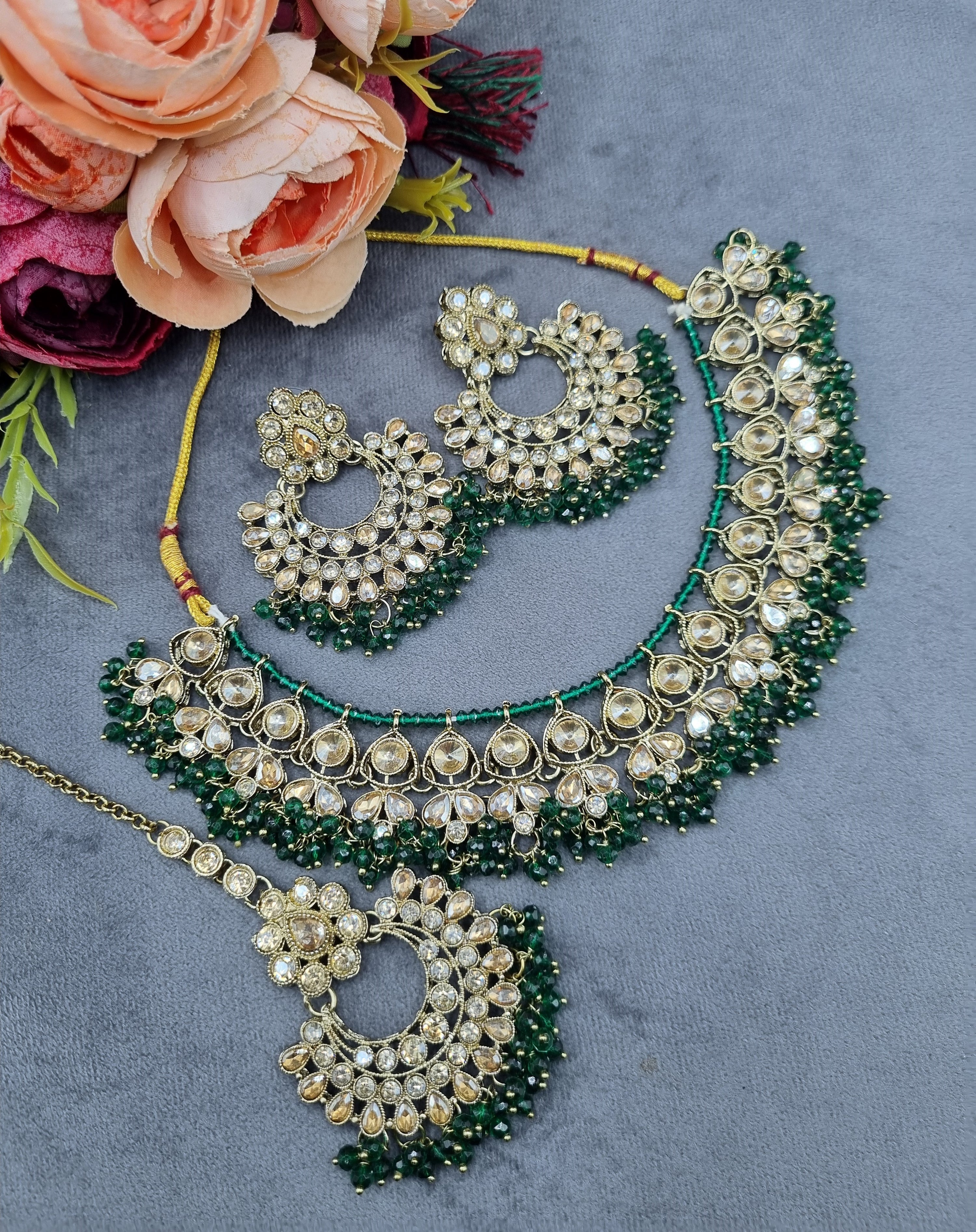 LAFZ Antique Gold Finish Crystal Necklace Set with Earrings & Maang Tikka - CK1698MINT-