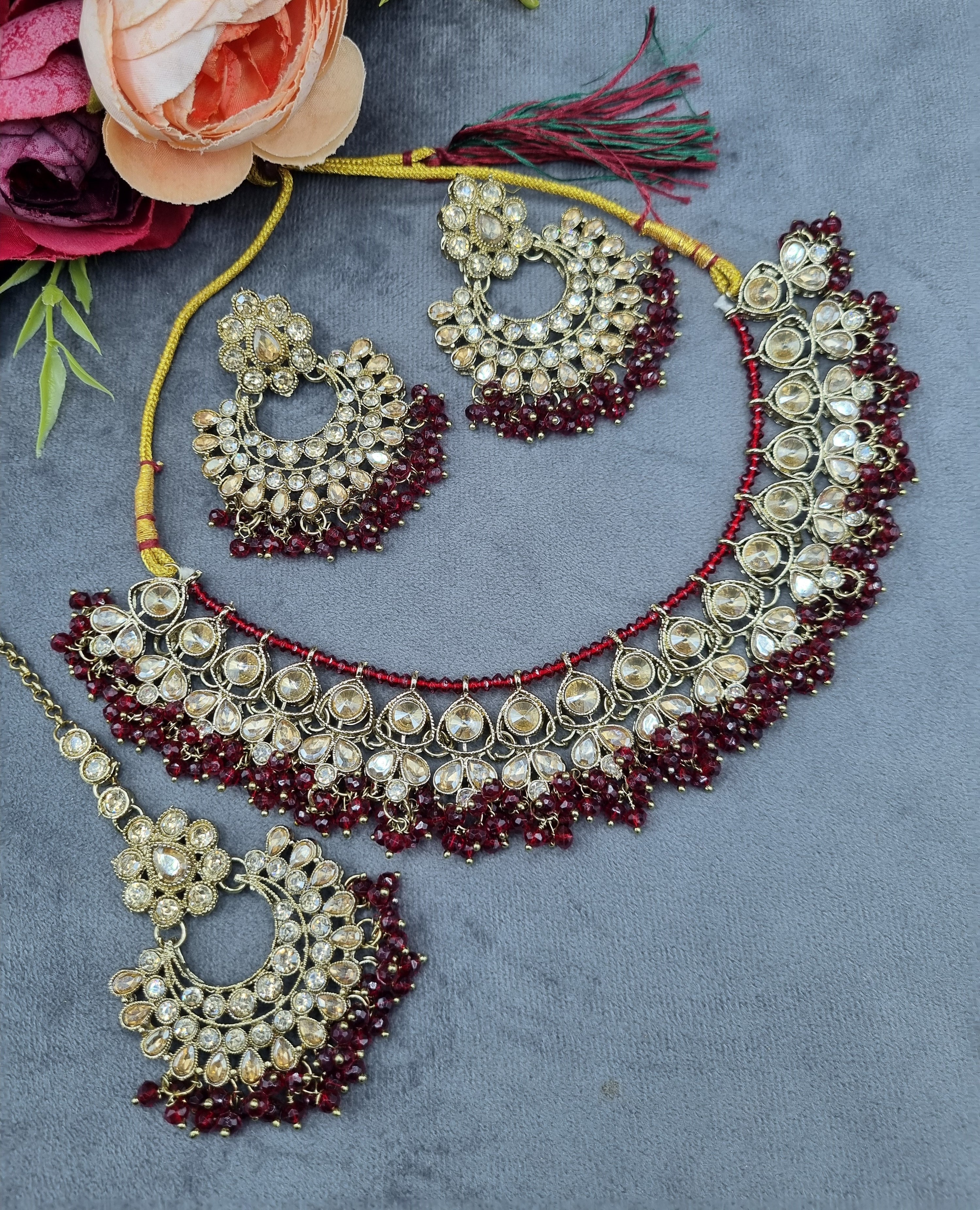 LAFZ Antique Gold Finish Crystal Necklace Set with Earrings & Maang Tikka - CK1698MINT-