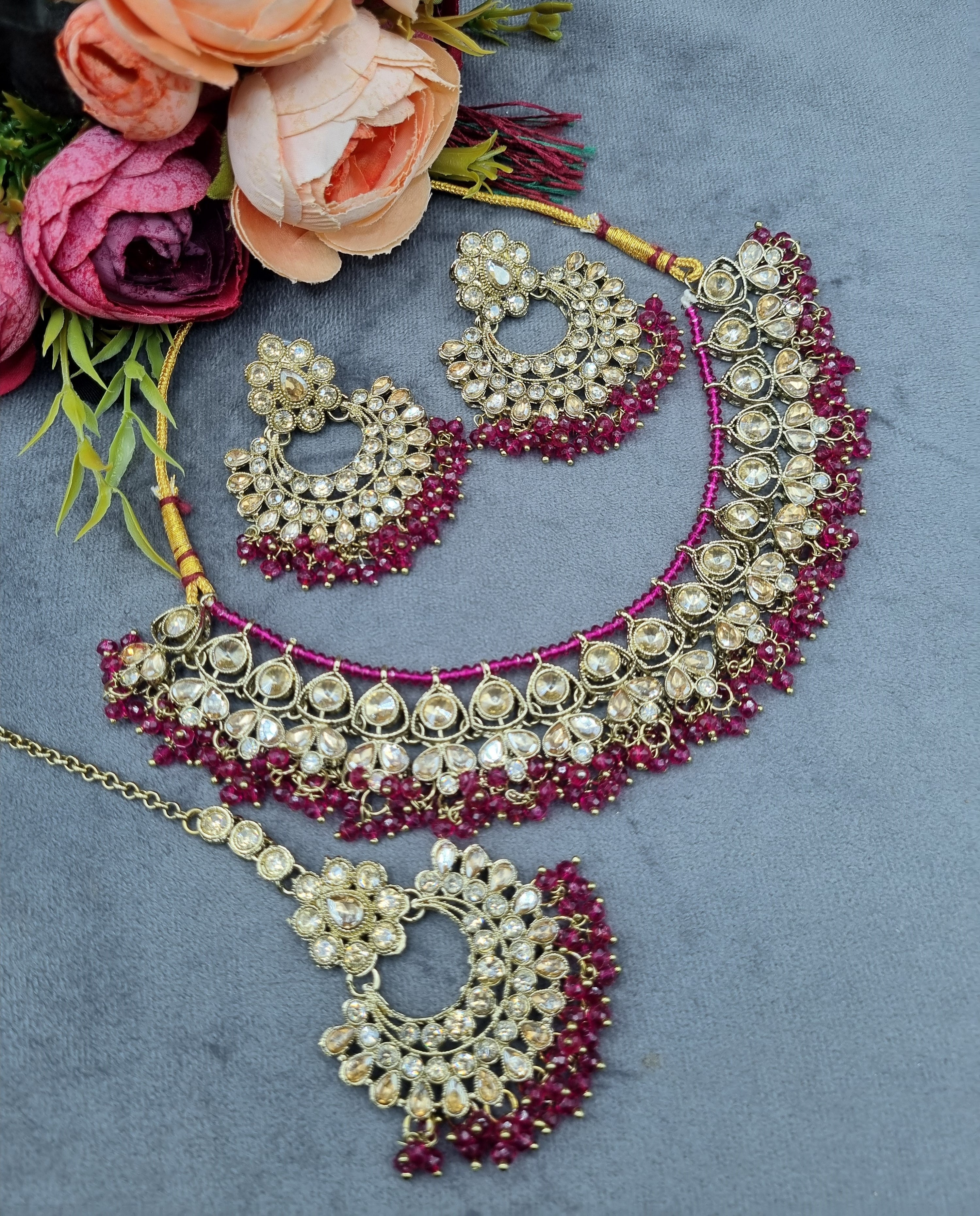 LAFZ Antique Gold Finish Crystal Necklace Set with Earrings & Maang Tikka - CK1698MINT-