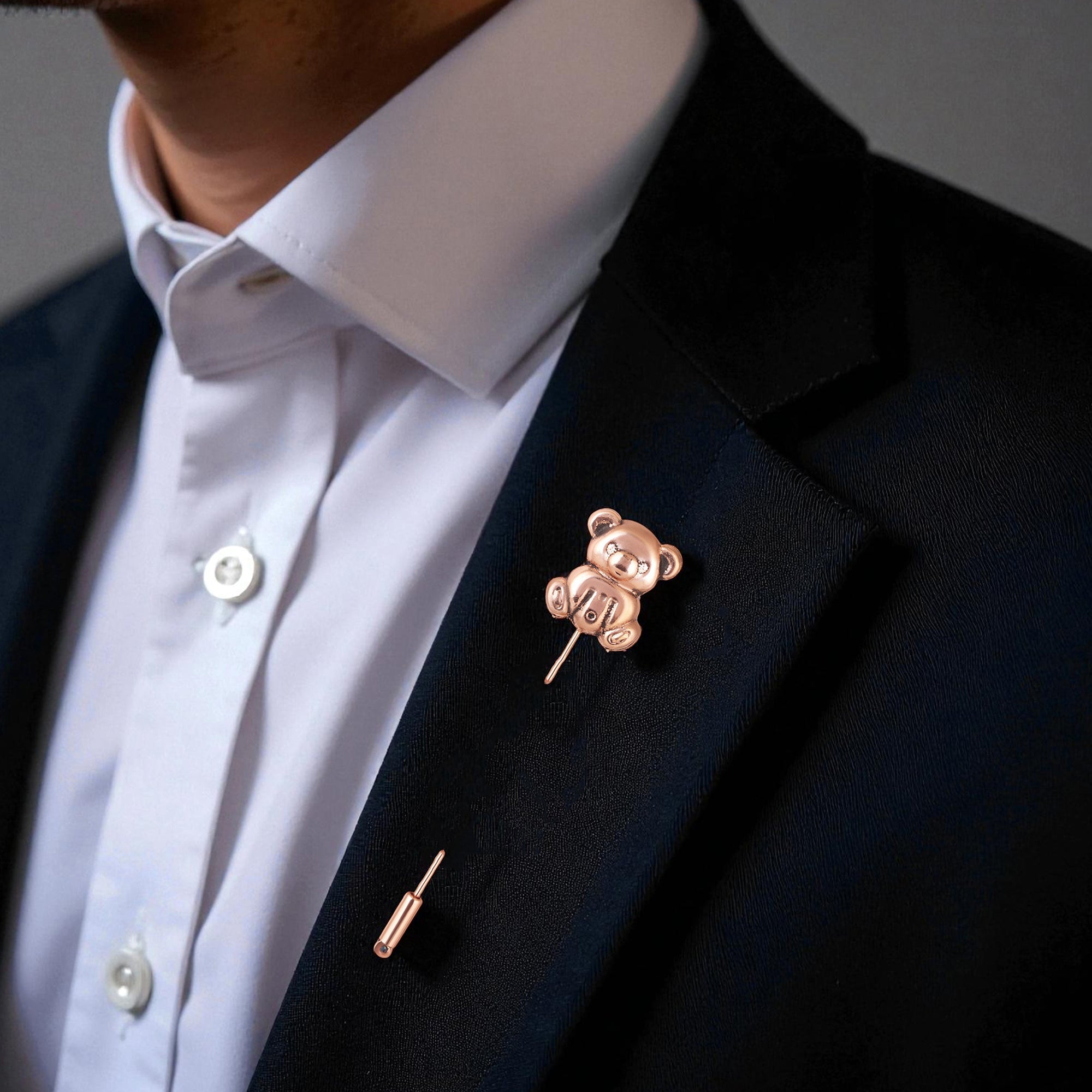 Mahi Combo of Rose Gold Plated Teddy Bear & Leaf Stick Lapel Pin Wedding Brooch Set for Men (CO1105865Z)