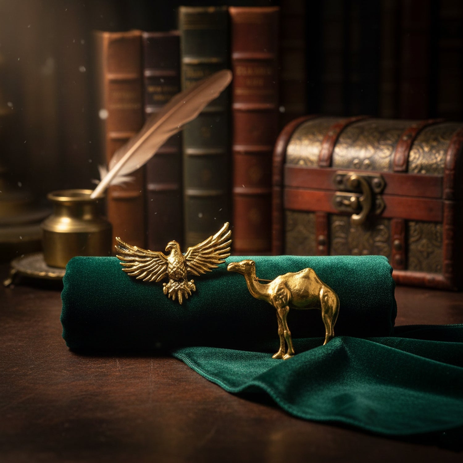 Mahi Comb of Gold-Tone Eagle-Camel-Themed Designer Lapel Pin Brooch for Men | Antique Finish Statement Badge (CO1105867G)