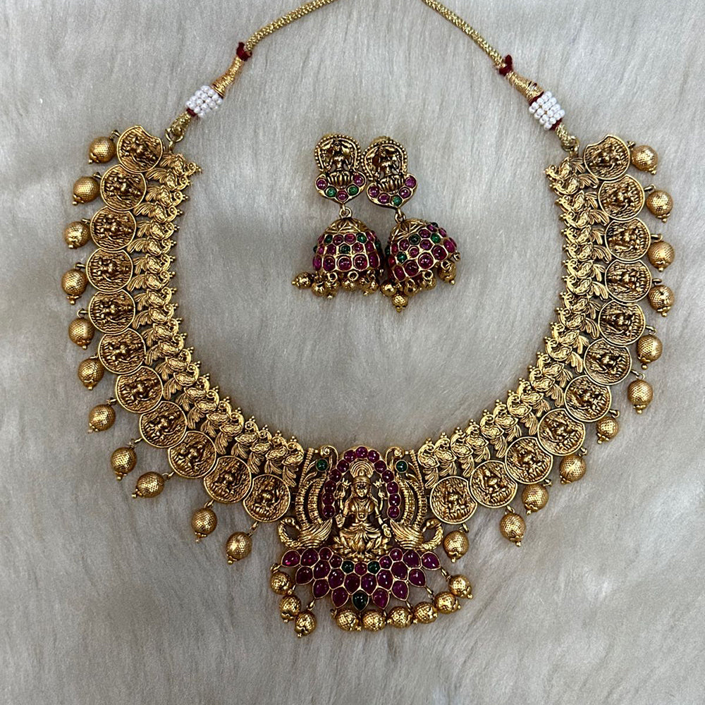 Tarangavi Copper Gold Plated Pota Stone Temple Necklace Set