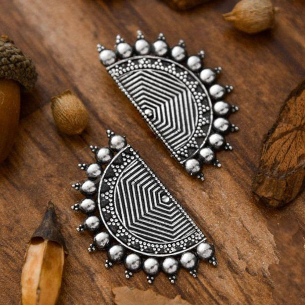 Bevy Pearls Oxidised Heritage Look Half Moon Stud Earrings