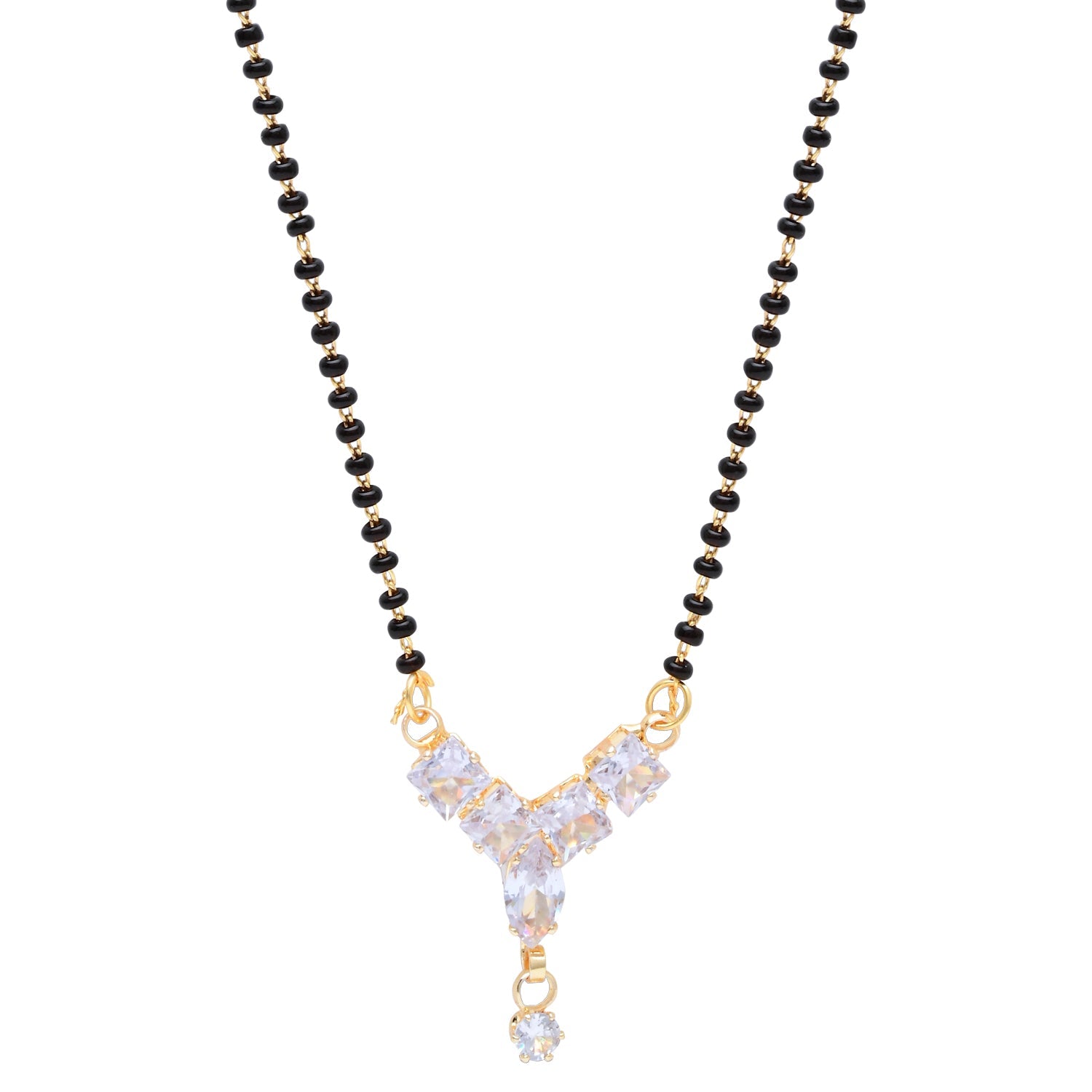 Etnico Gold Plated Single Line CZ Diamond Pendant with Black Bead Long Chain Mangalsutra for Women