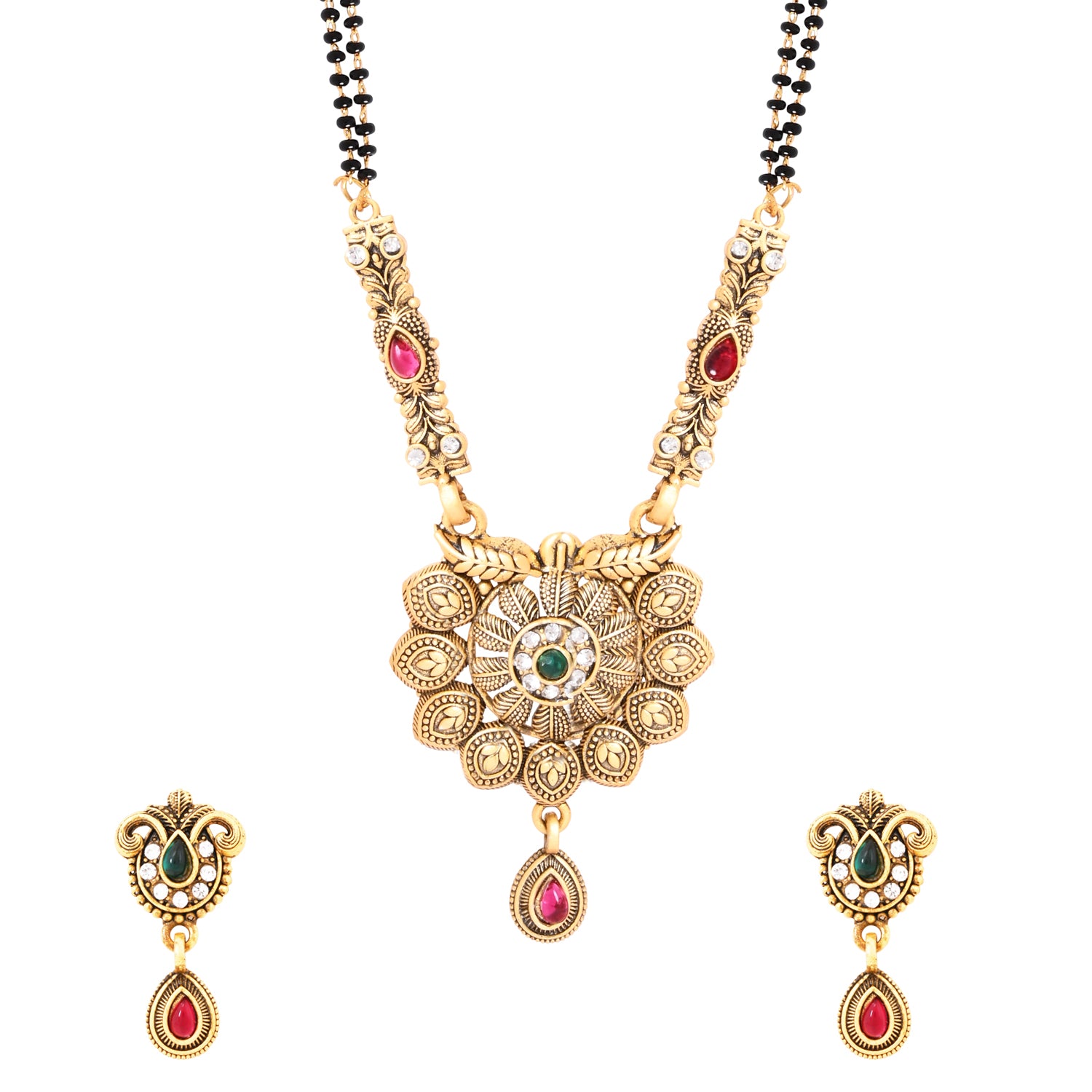 Etnico Gold Plated Traditional antique Pendant & Black Bead Chain Mangalsutra With Earrings For Women