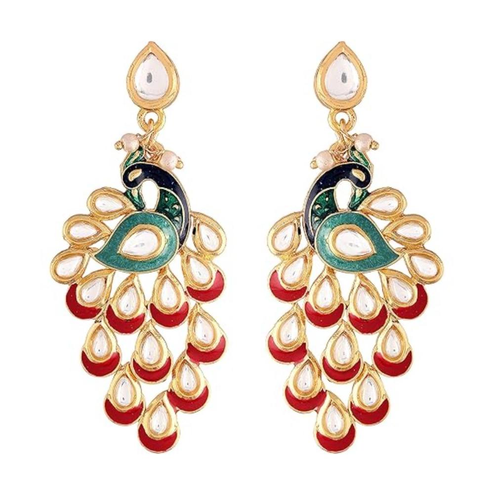 Etnico Gold Plated Meenakari Kundan Studded Peacock Design Dangle Earrings For Women (E2918R)