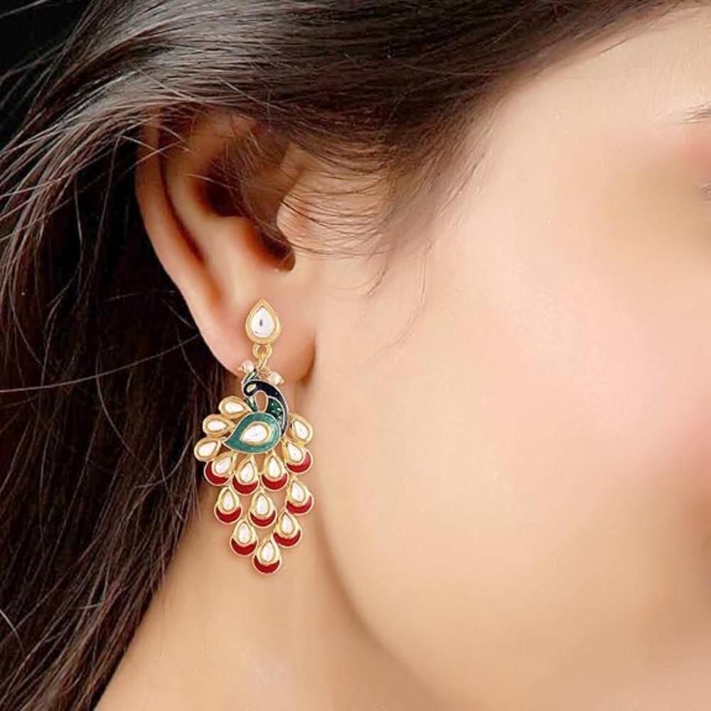Etnico Gold Plated Meenakari Kundan Studded Peacock Design Dangle Earrings For Women (E2918R)