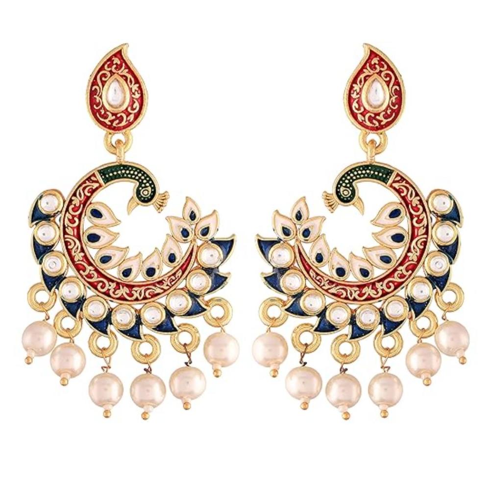 Etnico Gold Plated Meenakari Kundan Studded Peacock Design Dangle Earrings For Women (E2919Bl)