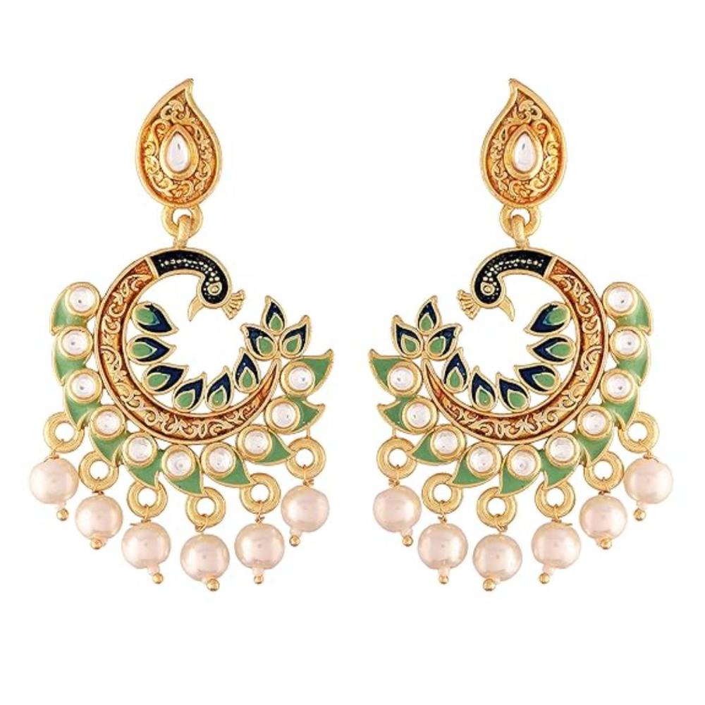 Etnico Gold Plated Meenakari Kundan Studded Peacock Design Dangle Earrings For Women (E2919Min)