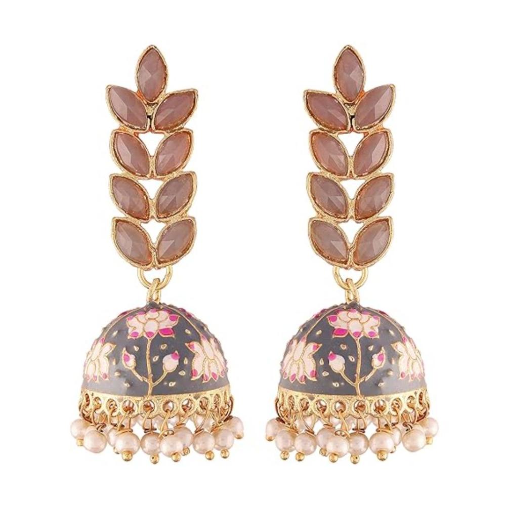 Etnico Gold Plated Meenakari Leaf Shaped Pearl Drop Jhumka Earrings For Women (E2922Gr)