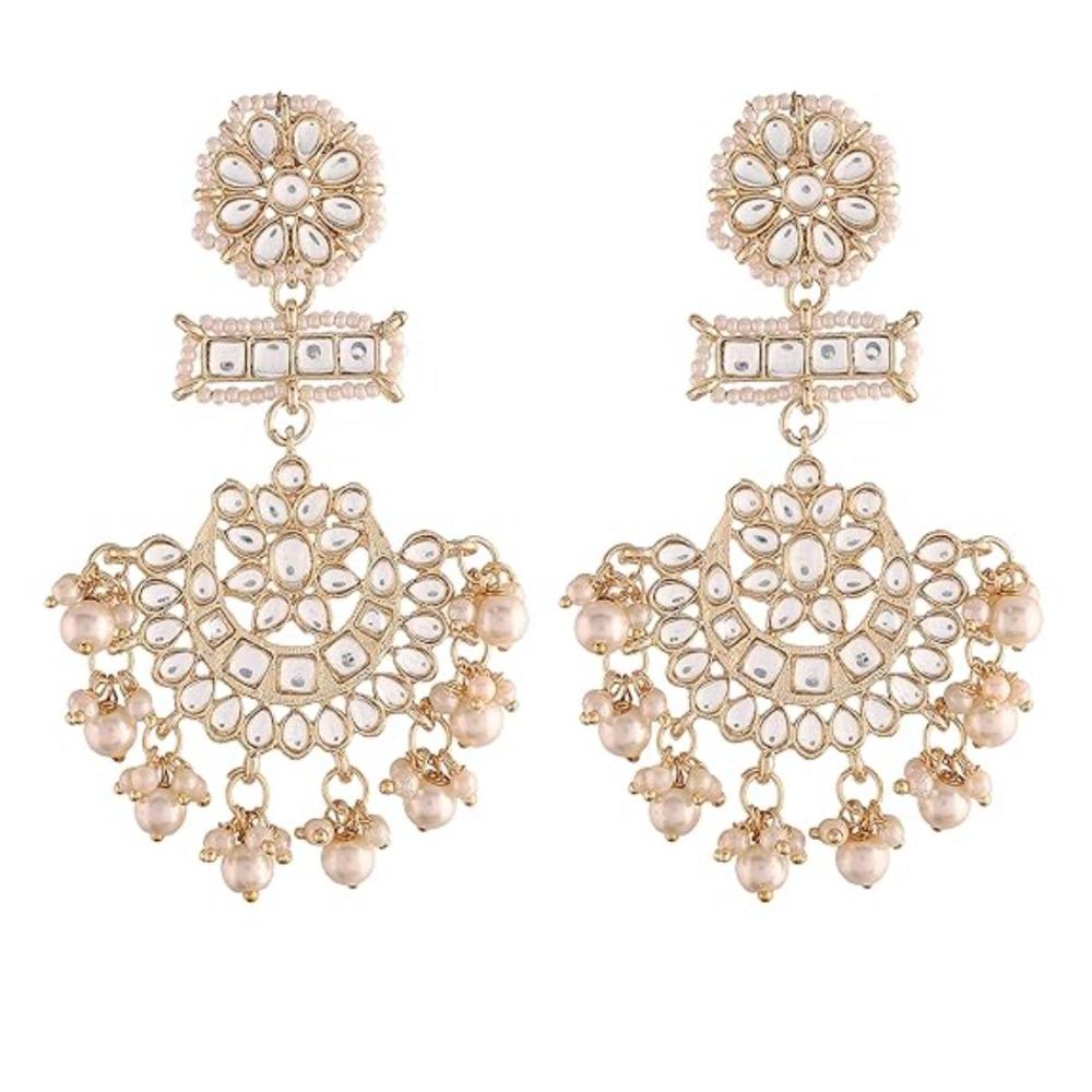 Etnico Gold Plated Kundan & Pearl Chandbali Earrings with Pear Earchain For Women (E2927W))