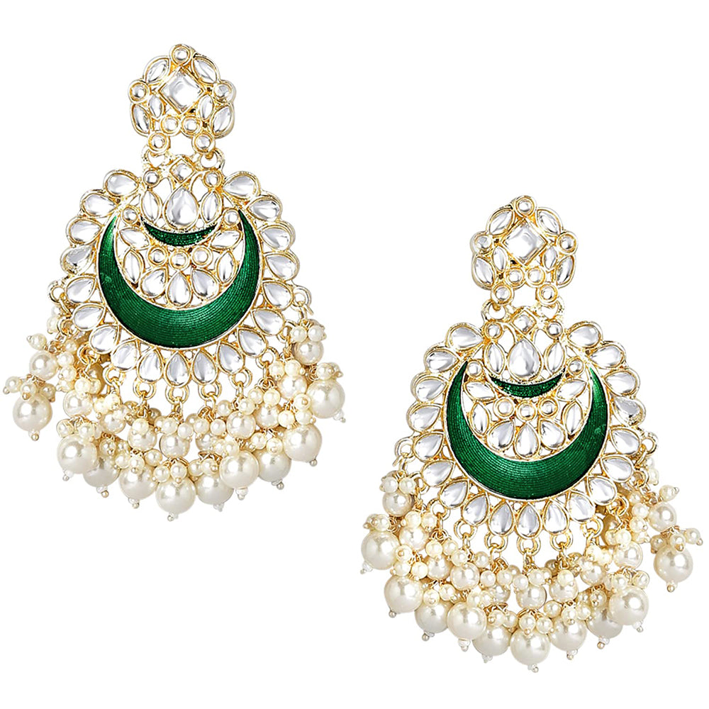 Etnico Gold Plated Intricately Designed Traditional Meenakari Chandbali Earrings Glided With Kundans & Pearls (E306G)
