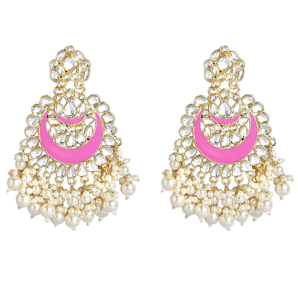 Etnico Gold Plated Intricately Designed Traditional Meenakari Chandbali Earrings Glided With Kundans & Pearls (E306Pi)