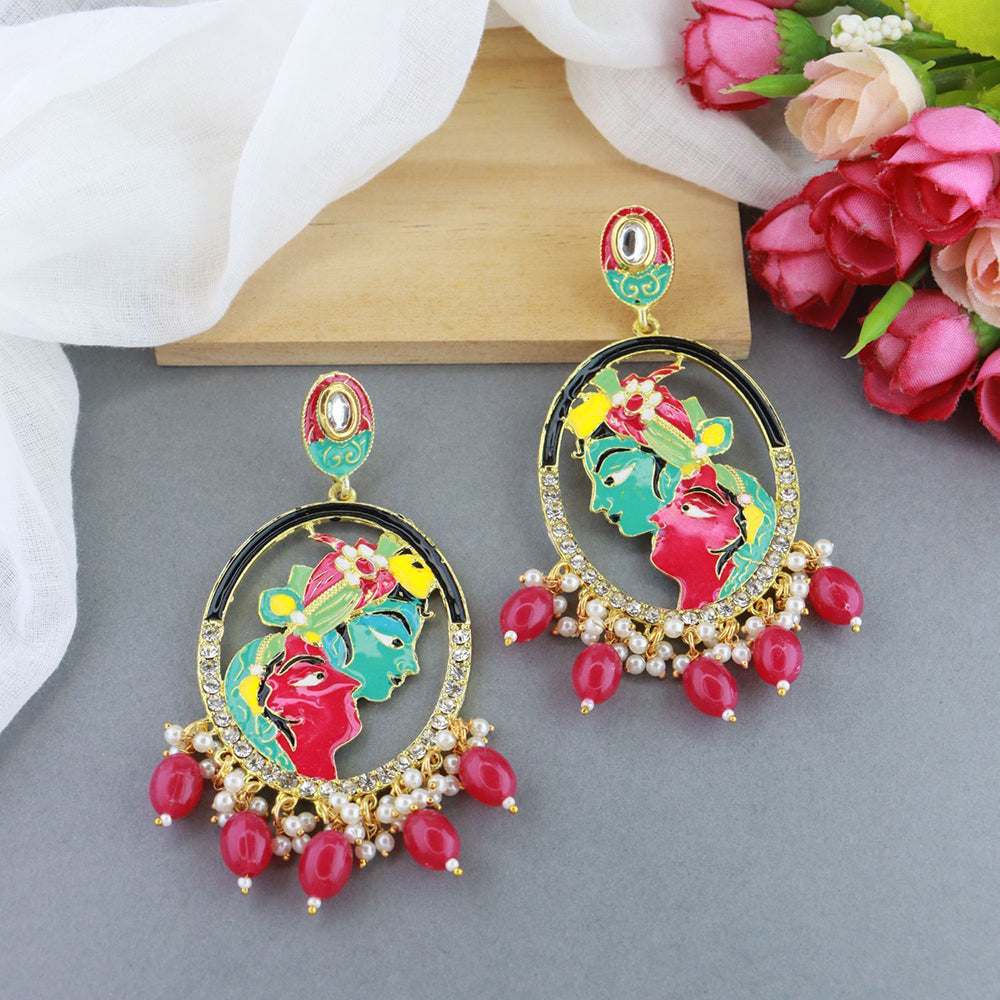 Etnico Gold Plated Traditional Meenakari Temple Radha Krishna Jhumka Earrings for Women and Girls (E3075Q)