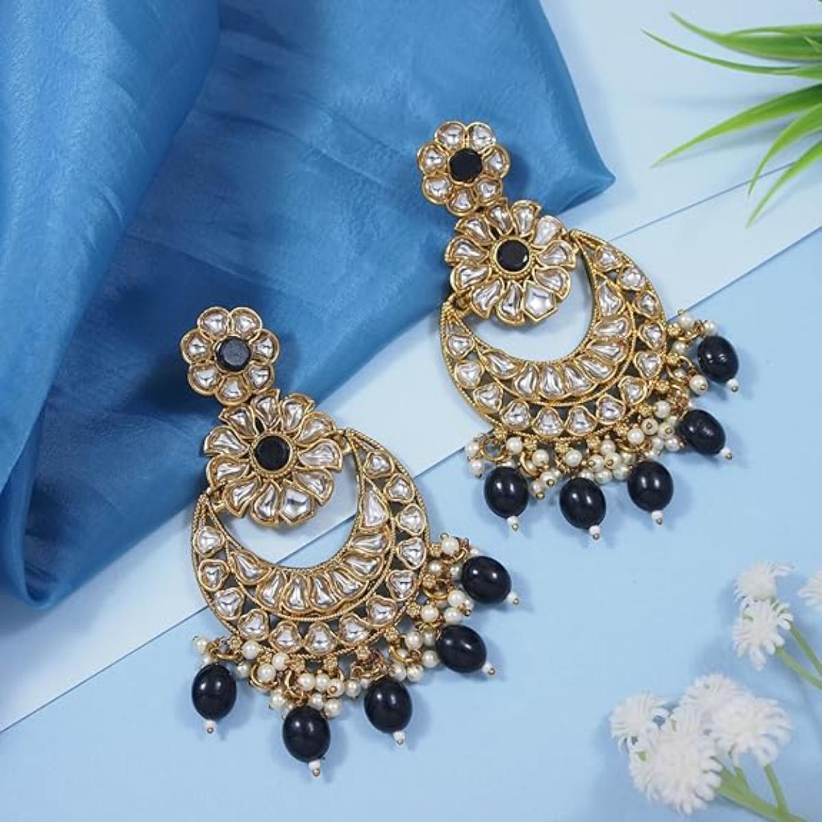 Etnico Gold Plated Traditional Handcrafted Kundan Pearl Floral Design Earrings For Women/Girls